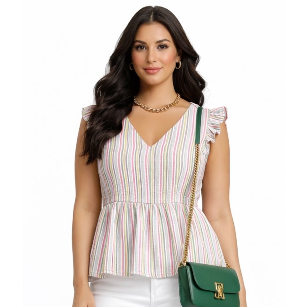 Draper James Flutter sleeve, peplum hem, pink, green, white, smocked back large